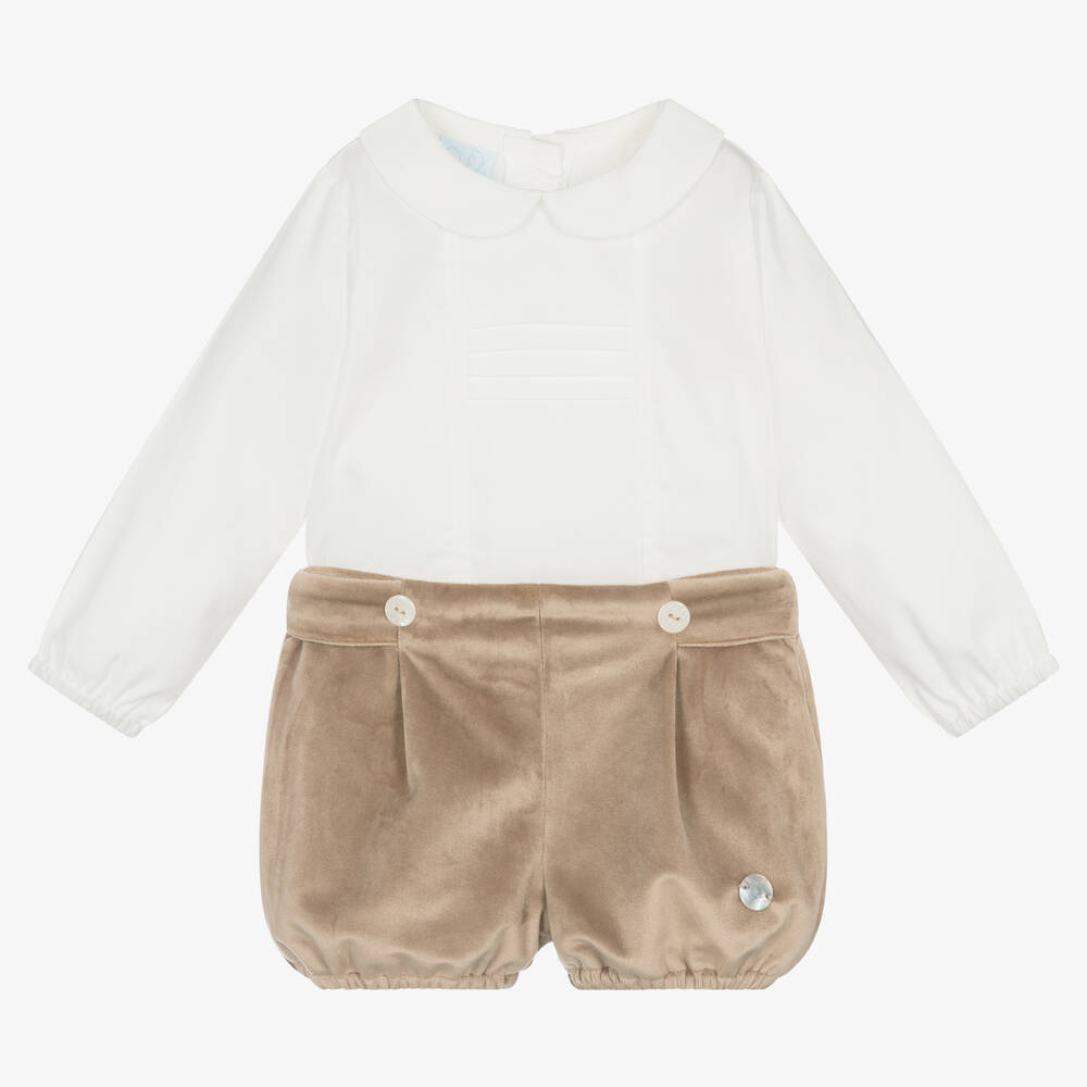 Artesanía Granlei - Boys Dark Beige & White Velvet Shorts Set | Childrensalon