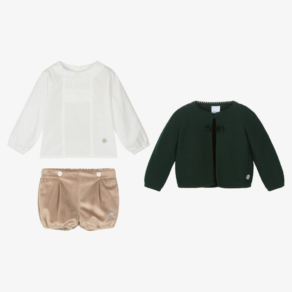 Artesanía Granlei-Boys Green & Beige Velvet Shorts Set | Childrensalon Outlet