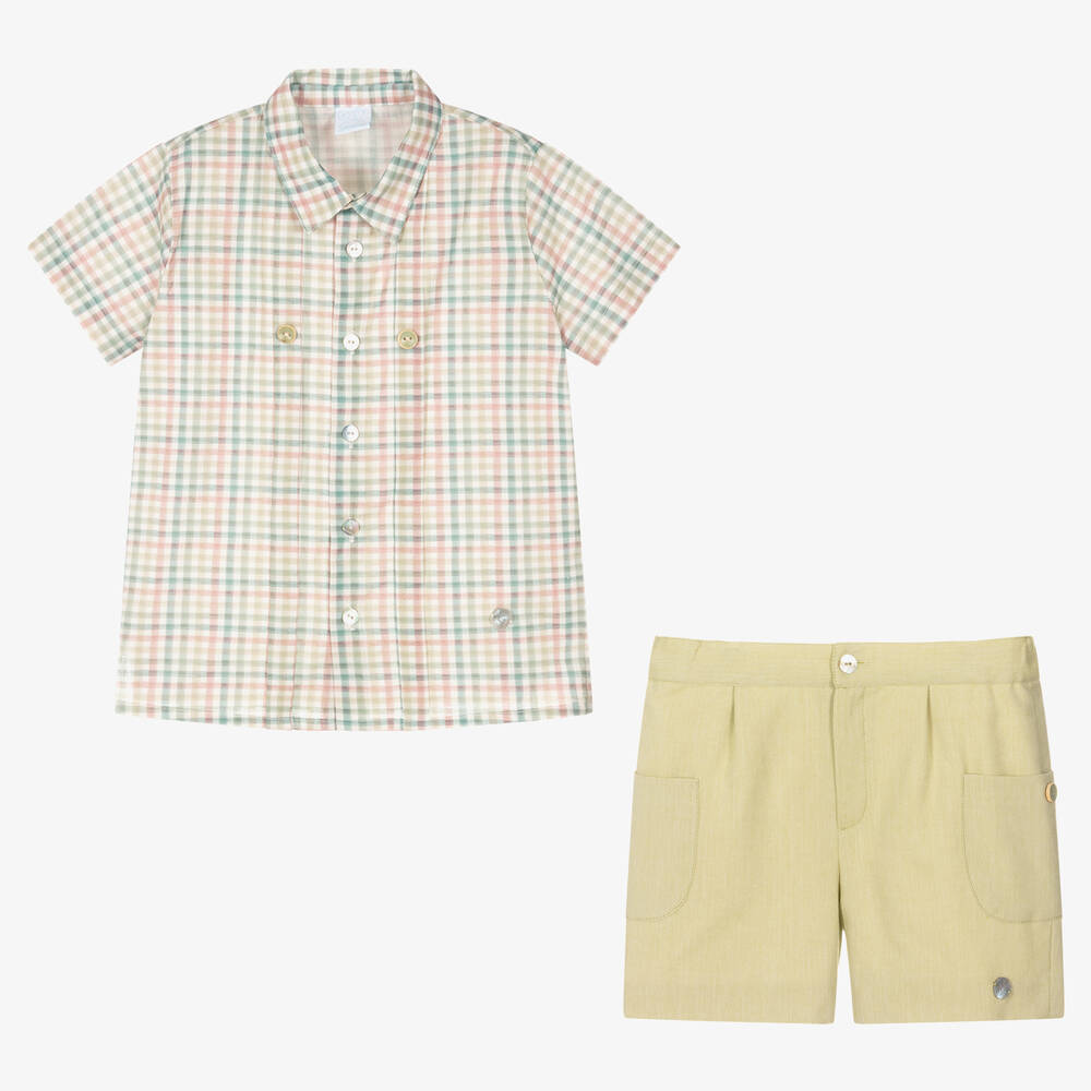 Artesanía Granlei-Boys Green Checked Cotton Shorts Set | Childrensalon Outlet