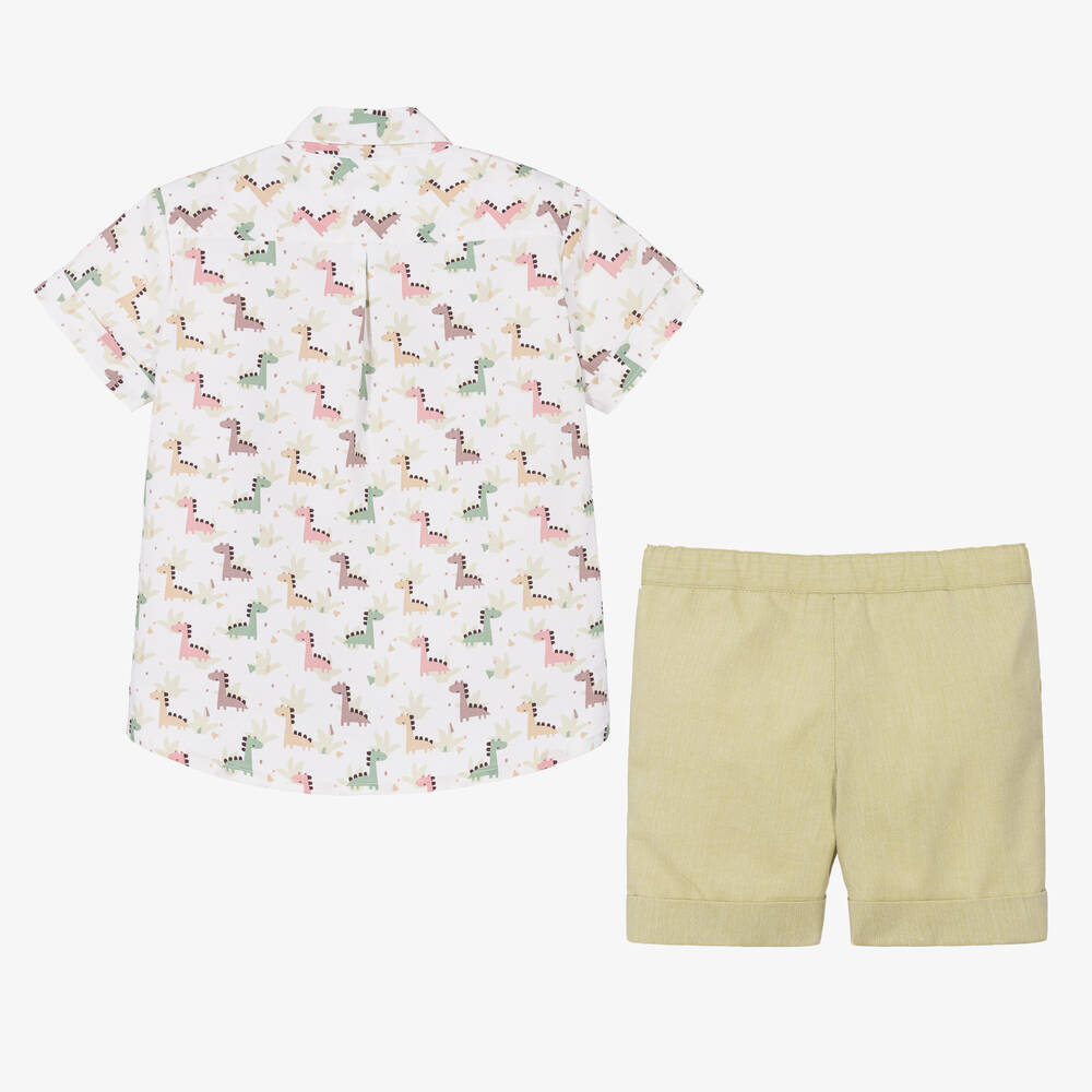 Artesanía Granlei-طقم شورت بطبعة ديناصور قطن لون أخضر فاتح وأبيض للأولاد | Childrensalon Outlet