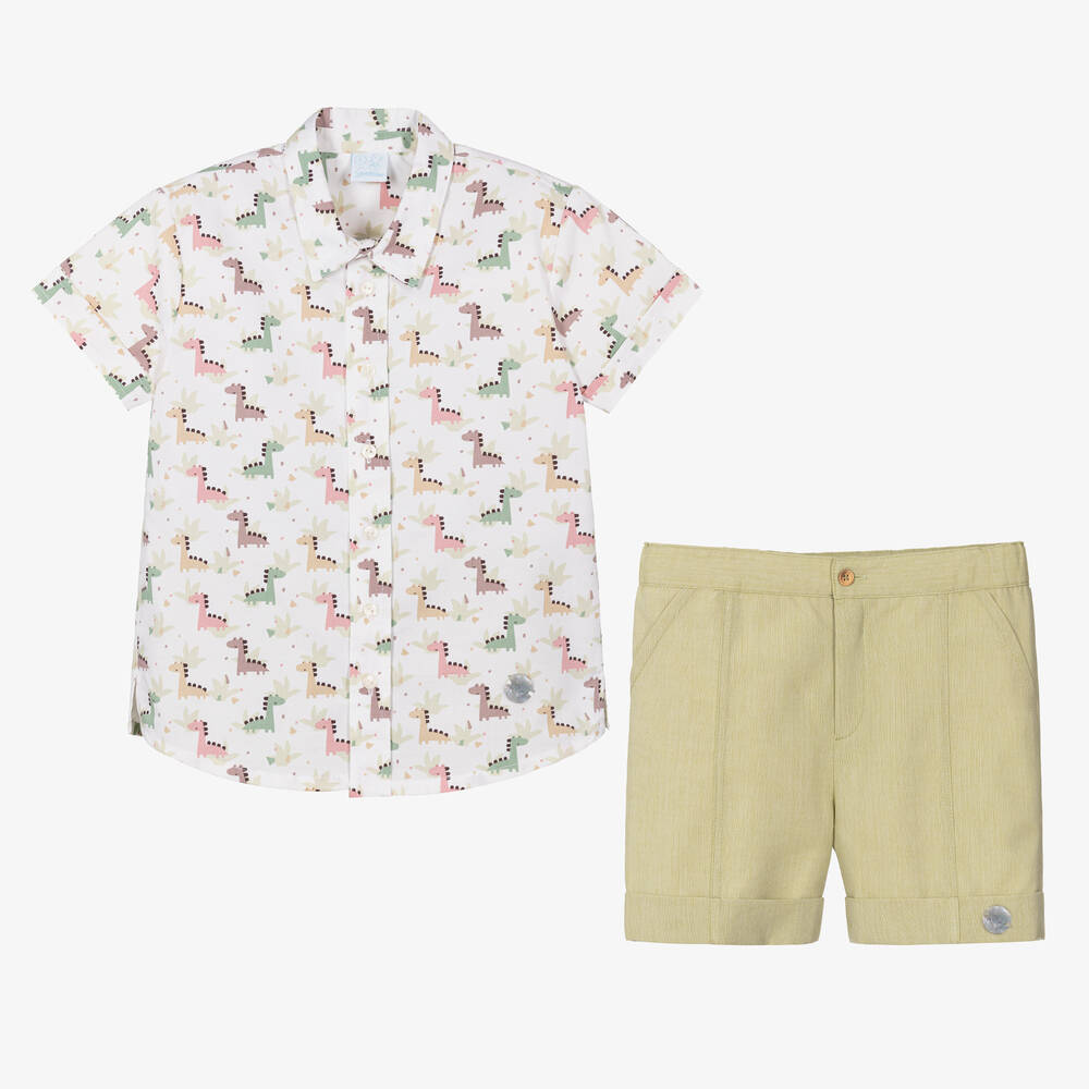 Artesanía Granlei-طقم شورت بطبعة ديناصور قطن لون أخضر فاتح وأبيض للأولاد | Childrensalon Outlet