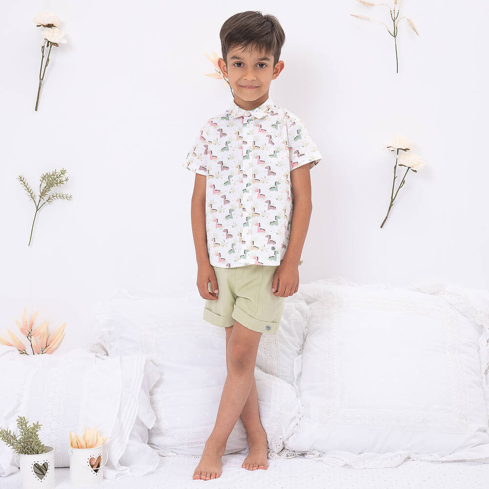 Artesanía Granlei-طقم شورت بطبعة ديناصور قطن لون أخضر فاتح وأبيض للأولاد | Childrensalon Outlet