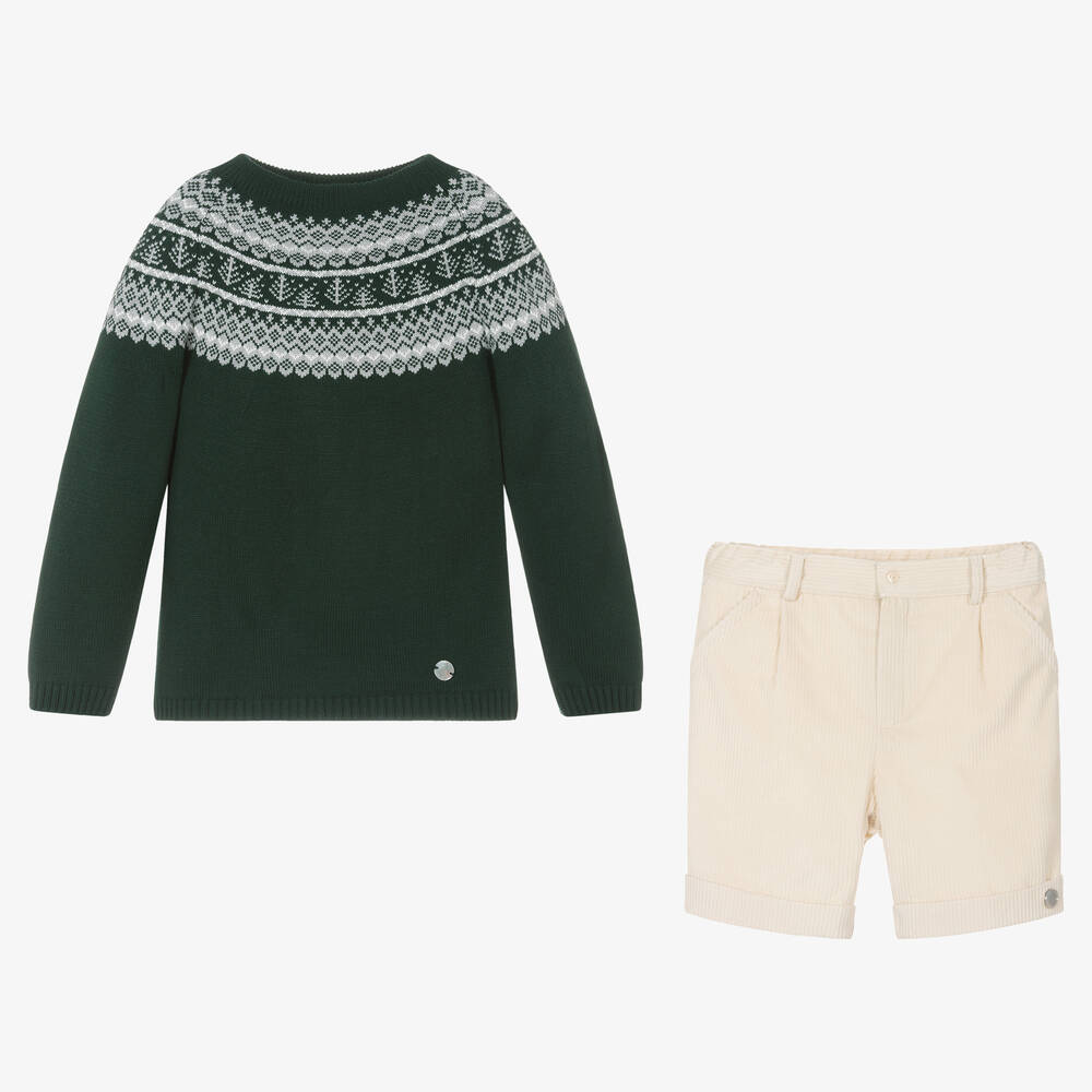 ارتيزانيا  غرانلي-طقم شورت قطن وأكريليك محبوك لون أخضر وعاجي للأولاد | Childrensalon Outlet