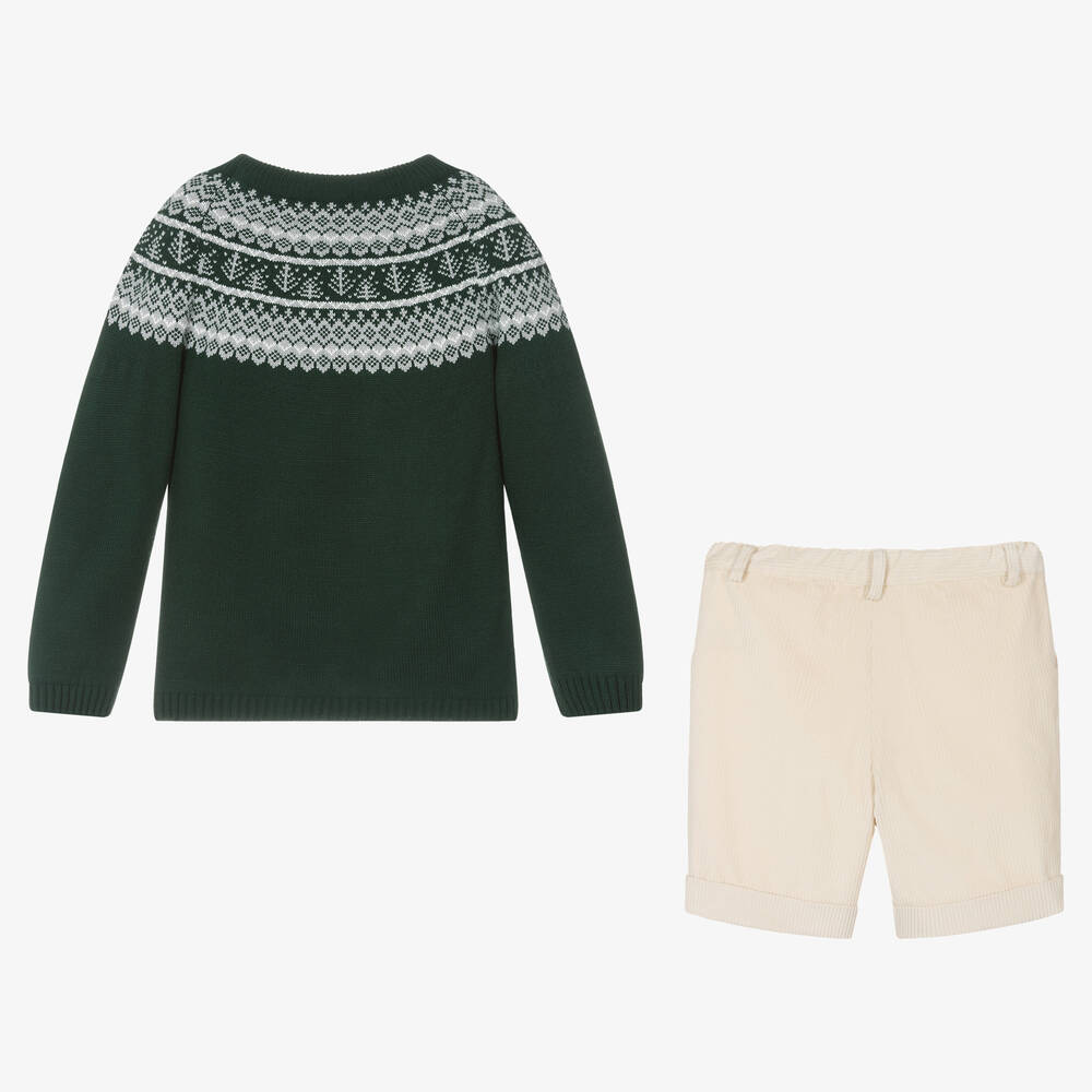 ارتيزانيا  غرانلي-طقم شورت قطن وأكريليك محبوك لون أخضر وعاجي للأولاد | Childrensalon Outlet