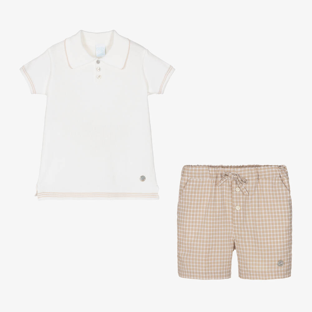 Artesanía Granlei-Boys Ivory & Beige Cotton Shorts Set | Childrensalon Outlet