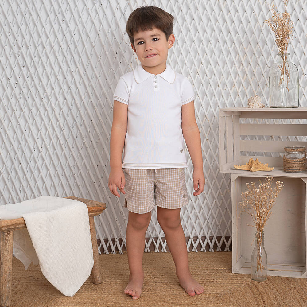 Artesanía Granlei - Boys Ivory & Beige Cotton Shorts Set