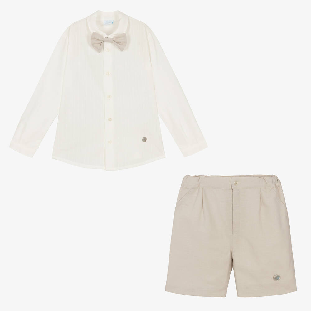 ارتيزانيا  غرانلي-طقم شورت قطن وكتان لون عاجي وبيج للأولاد | Childrensalon Outlet