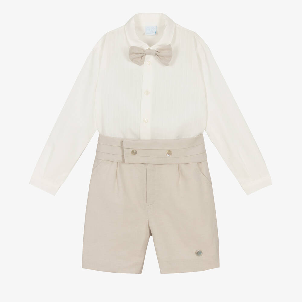 Artesanía Granlei - Top & Leinen-Shorts Set in Elfenbein & Beige | Childrensalon