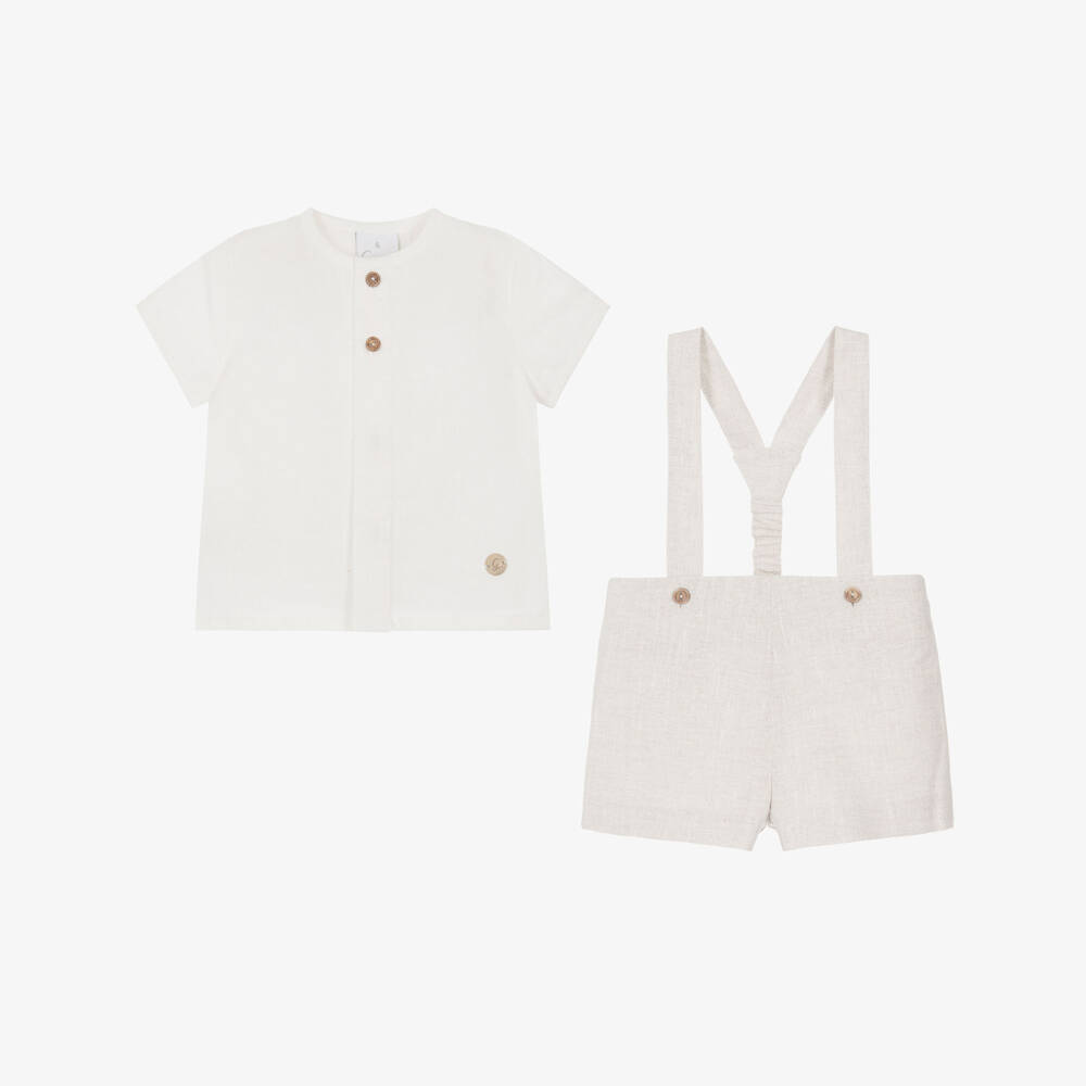 Artesanía Granlei-Boys Ivory & Beige Shorts Set with Braces | Childrensalon Outlet