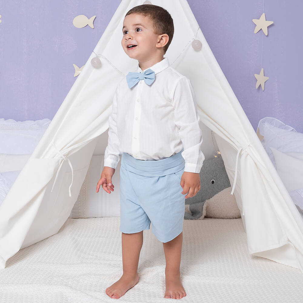 Artesanía Granlei-Boys Ivory & Blue Linen Short Set | Childrensalon Outlet