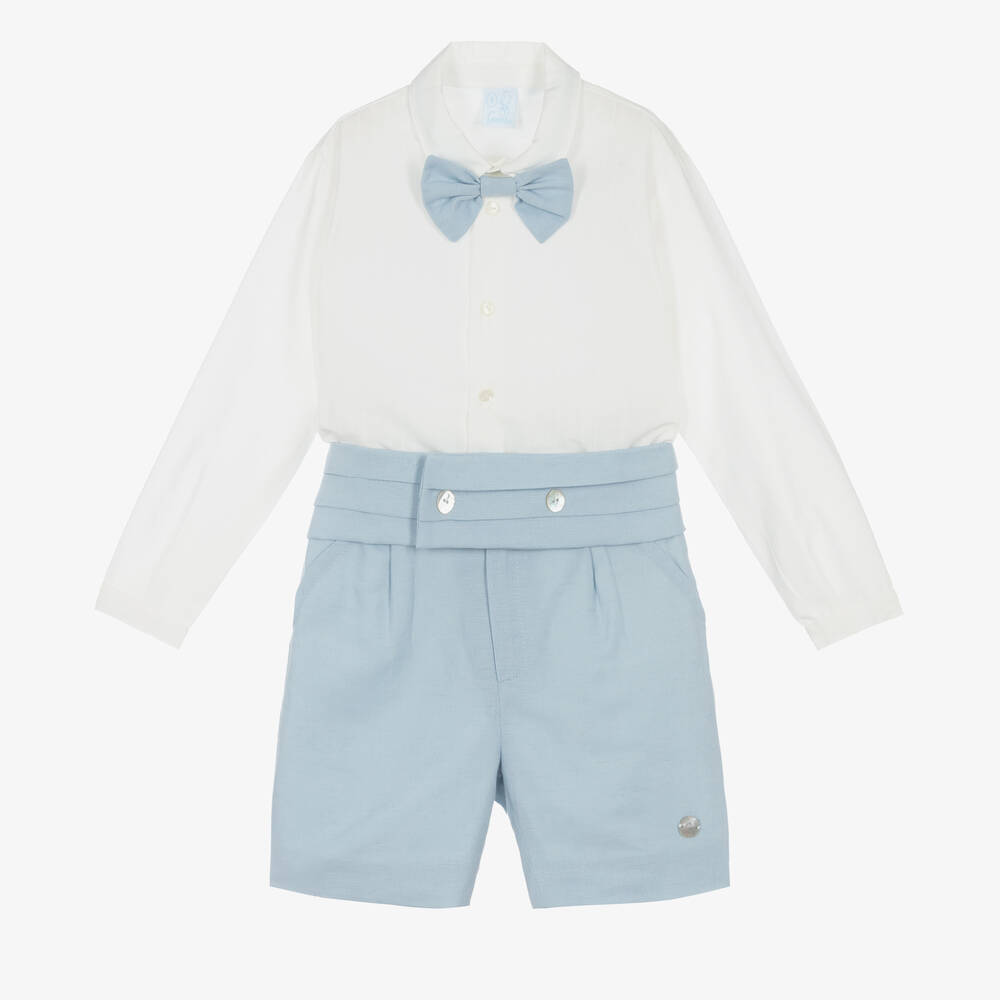 Artesanía Granlei - Top & Leinen-Shorts Set in Elfenbein & Blau | Childrensalon