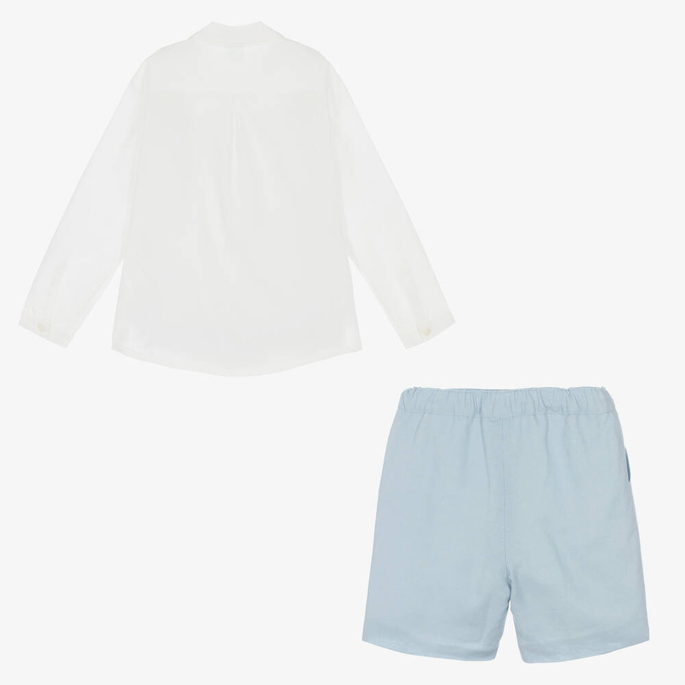 Artesanía Granlei-Boys Ivory & Blue Linen Short Set | Childrensalon Outlet