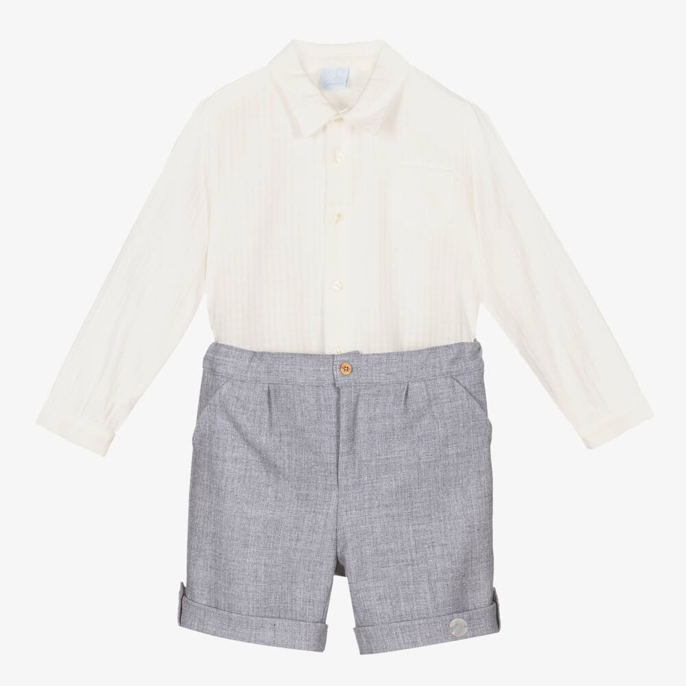 Artesanía Granlei - Boys Ivory & Blue Shorts Set | Childrensalon