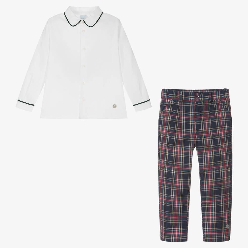 Artesanía Granlei-Boys Ivory & Blue Tartan Trousers Set | Childrensalon Outlet