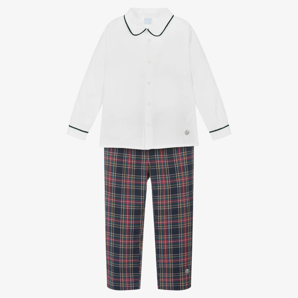 Artesanía Granlei - Boys Ivory & Blue Tartan Trousers Set | Childrensalon