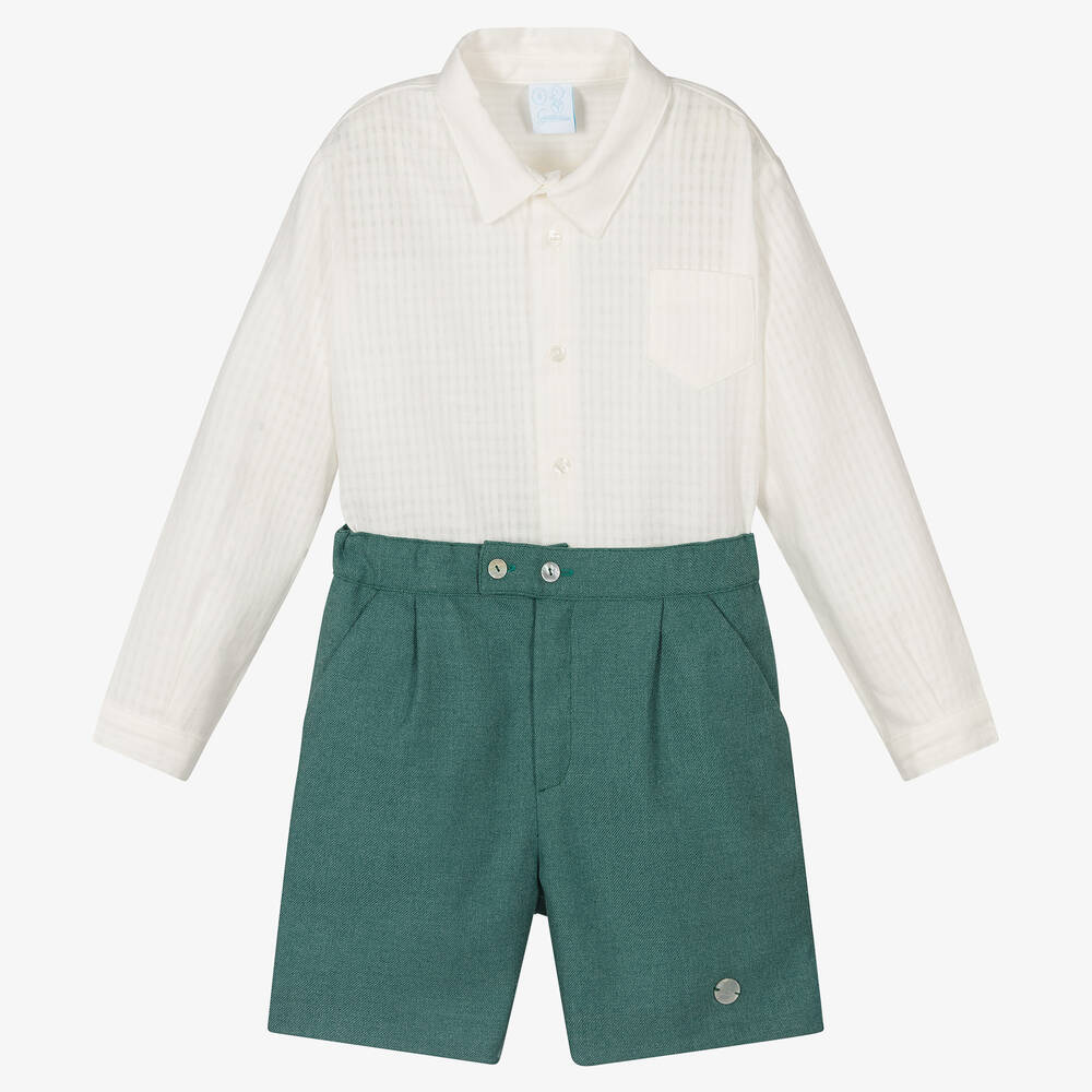 Artesanía Granlei - Boys Ivory & Green Shorts Set | Childrensalon