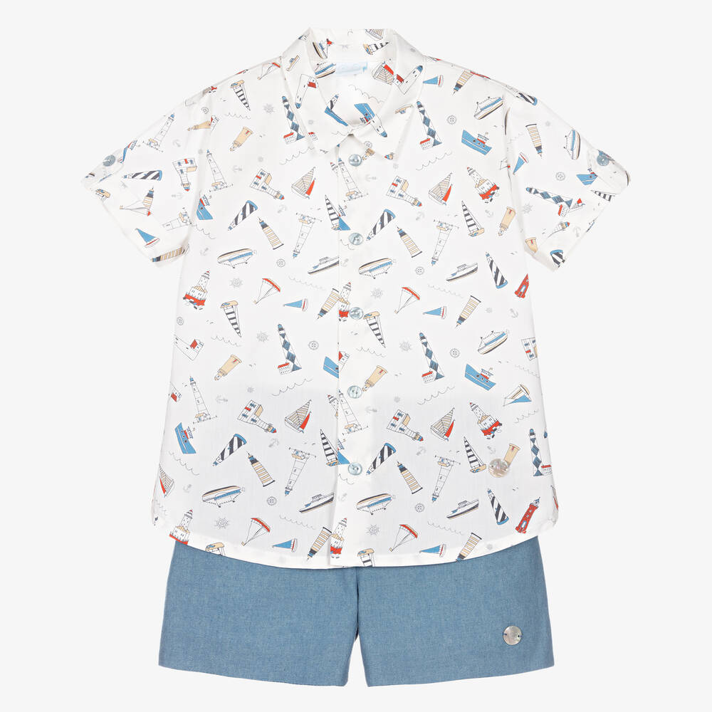 Artesanía Granlei - Boys Ivory Shirt & Blue Short Set | Childrensalon