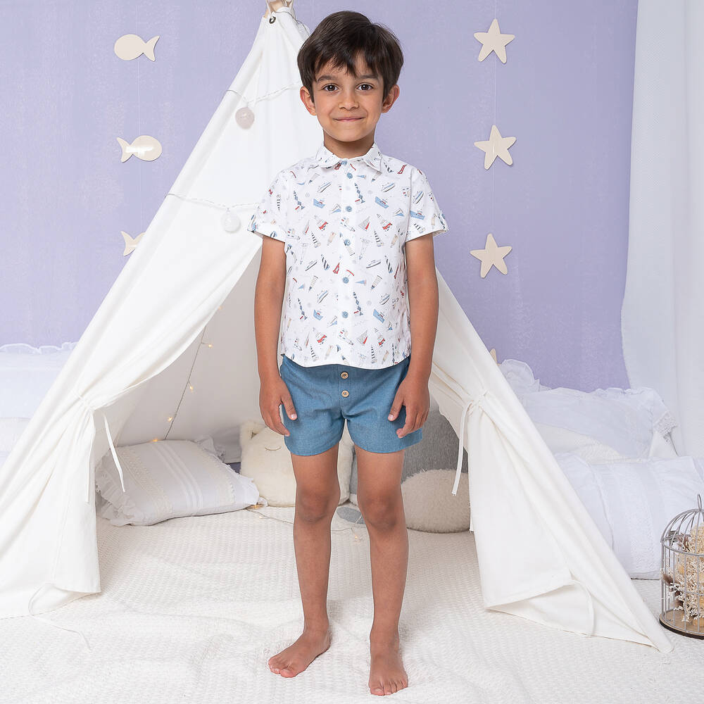 Artesanía Granlei-Boys Ivory Shirt & Blue Short Set | Childrensalon Outlet