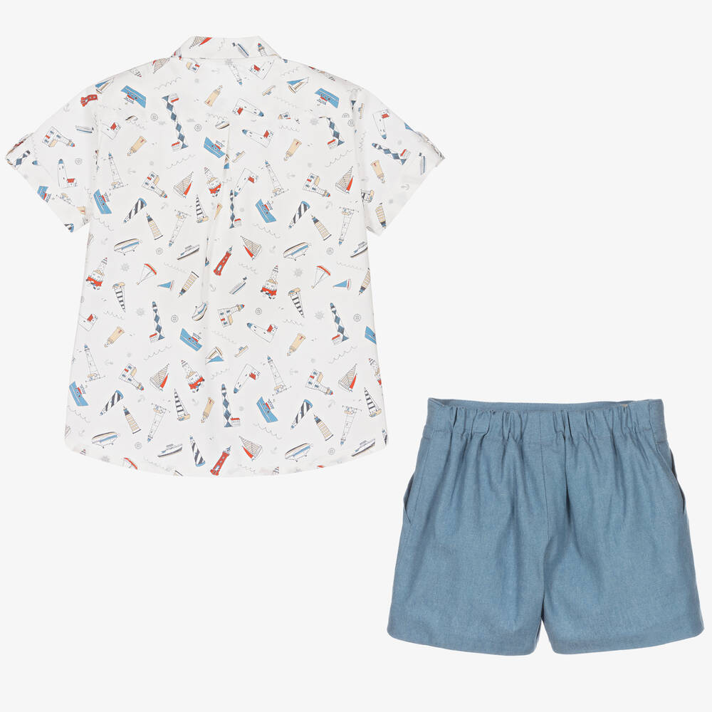 Artesanía Granlei-Boys Ivory Shirt & Blue Short Set | Childrensalon Outlet
