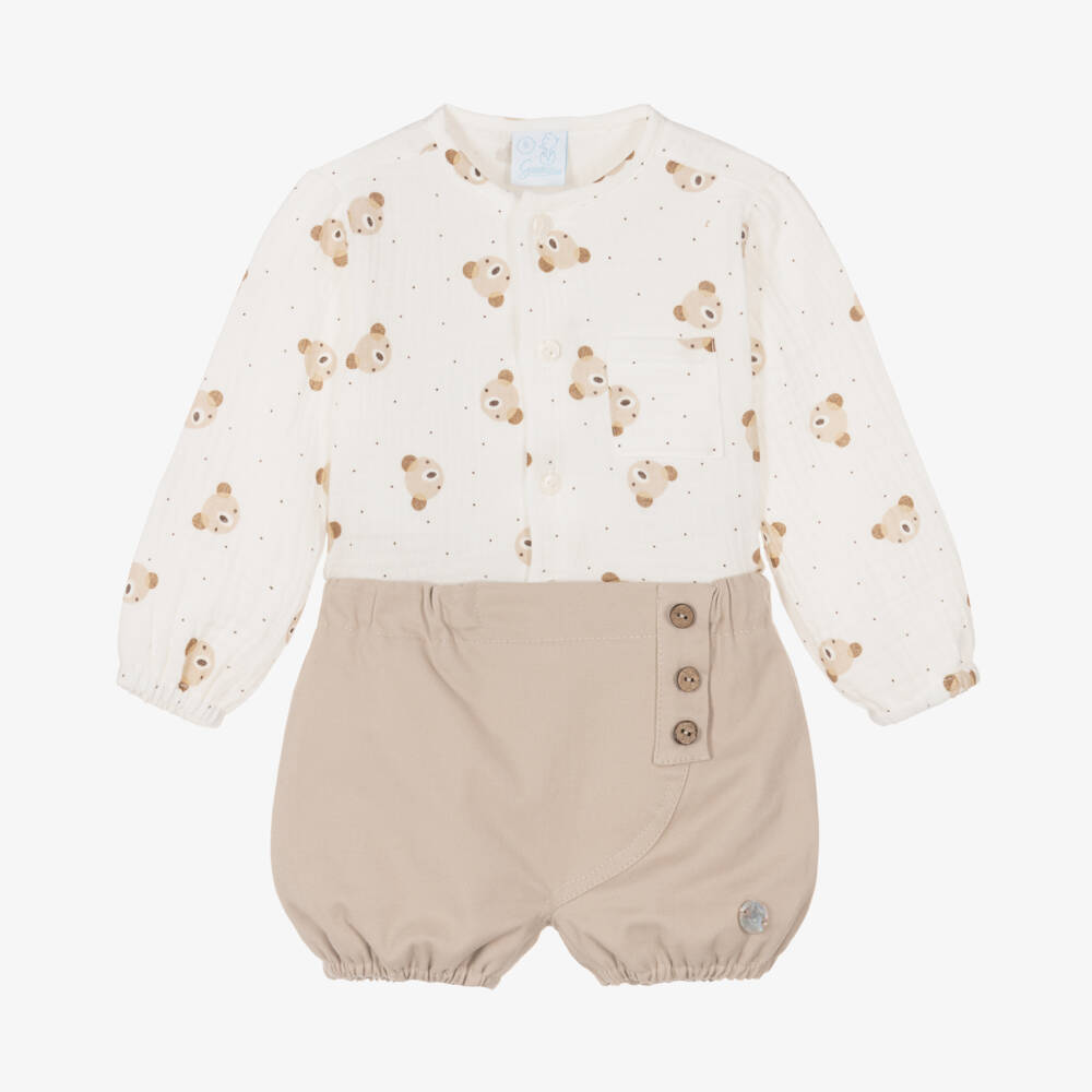 Artesanía Granlei-Boys Ivory Teddy Shorts Ensemble | Childrensalon Outlet