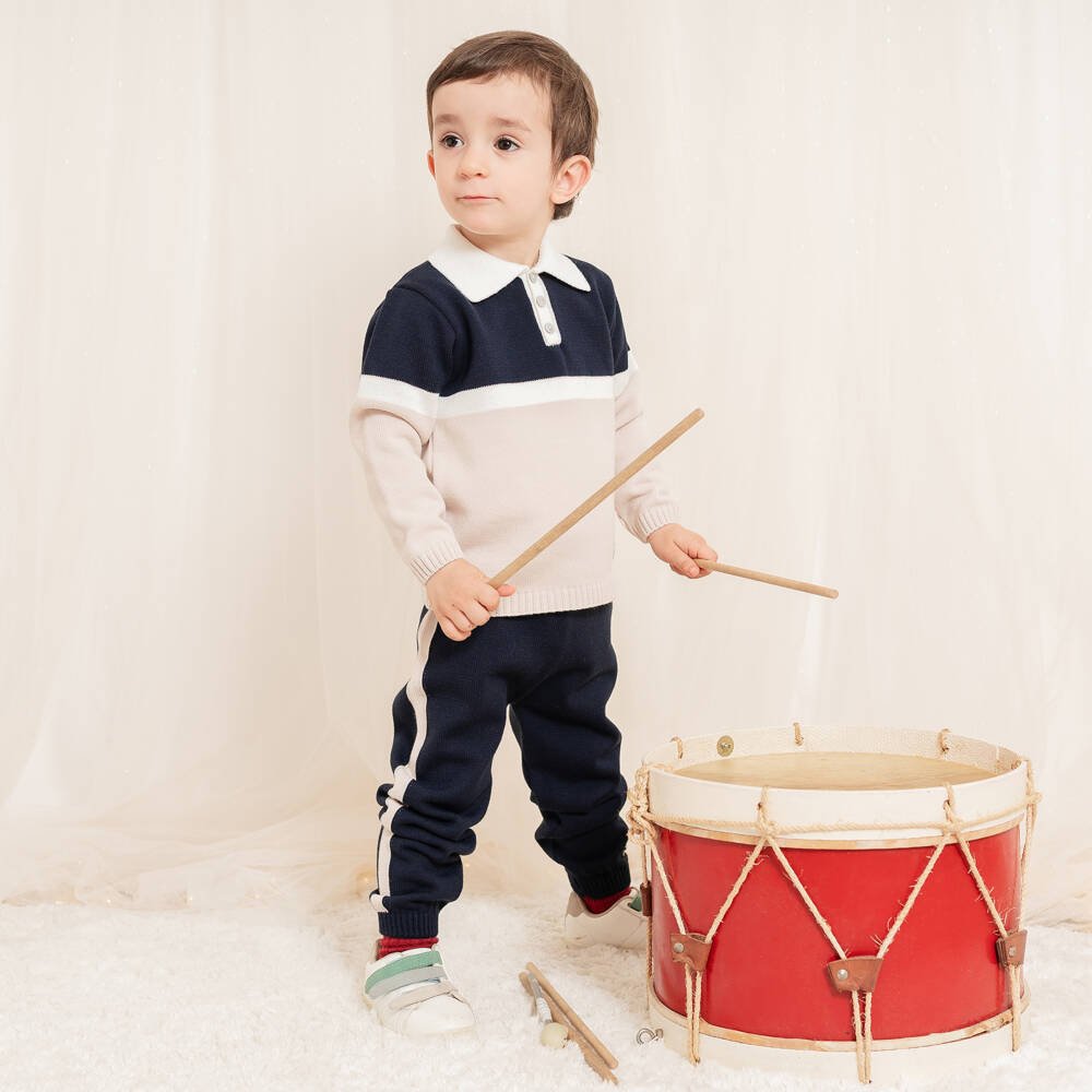 Artesanía Granlei-Boys Navy Blue & Beige Knit Trouser Set | Childrensalon Outlet