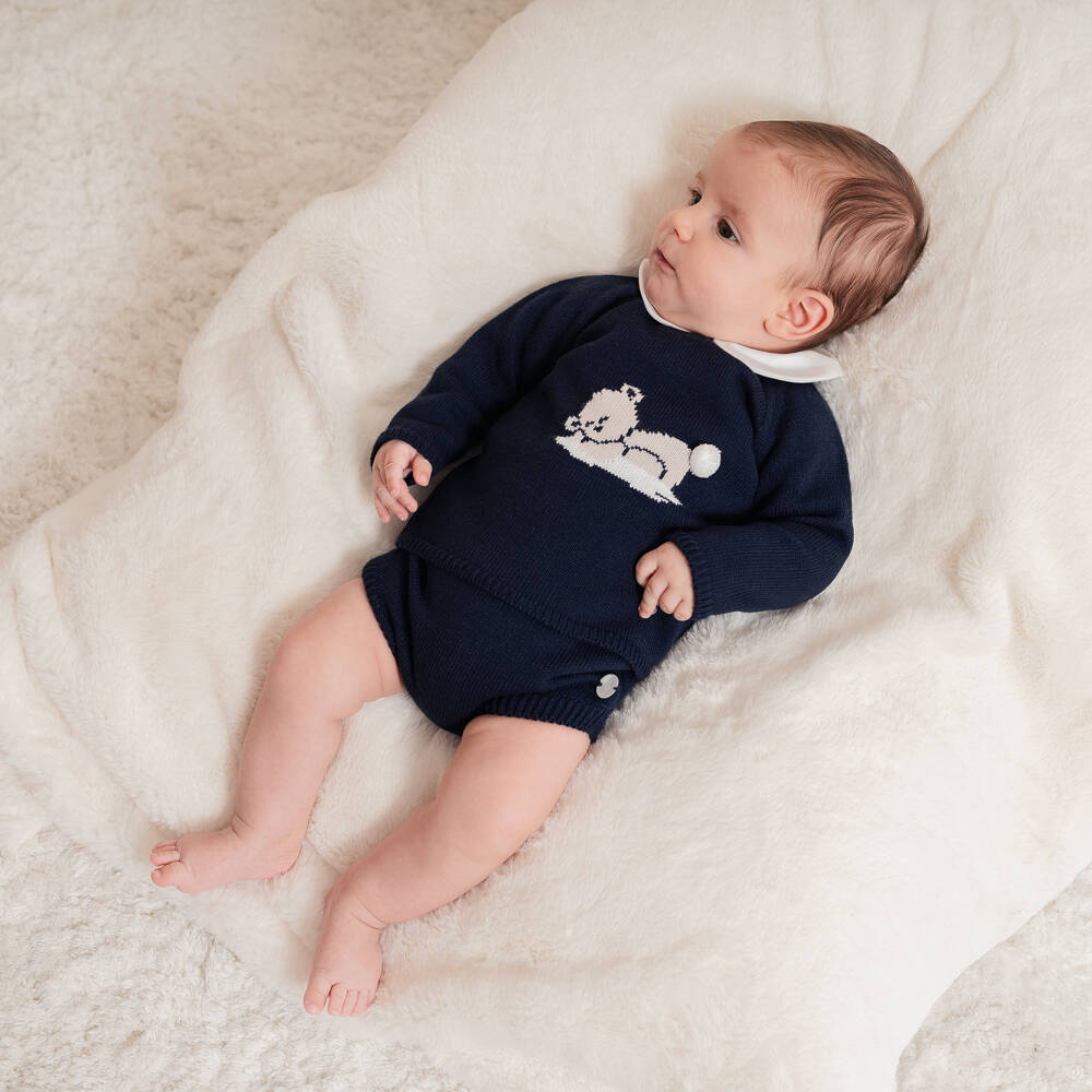 Artesanía Granlei-Boys Navy Blue Teddy Bear Knitted Shorts Set | Childrensalon Outlet