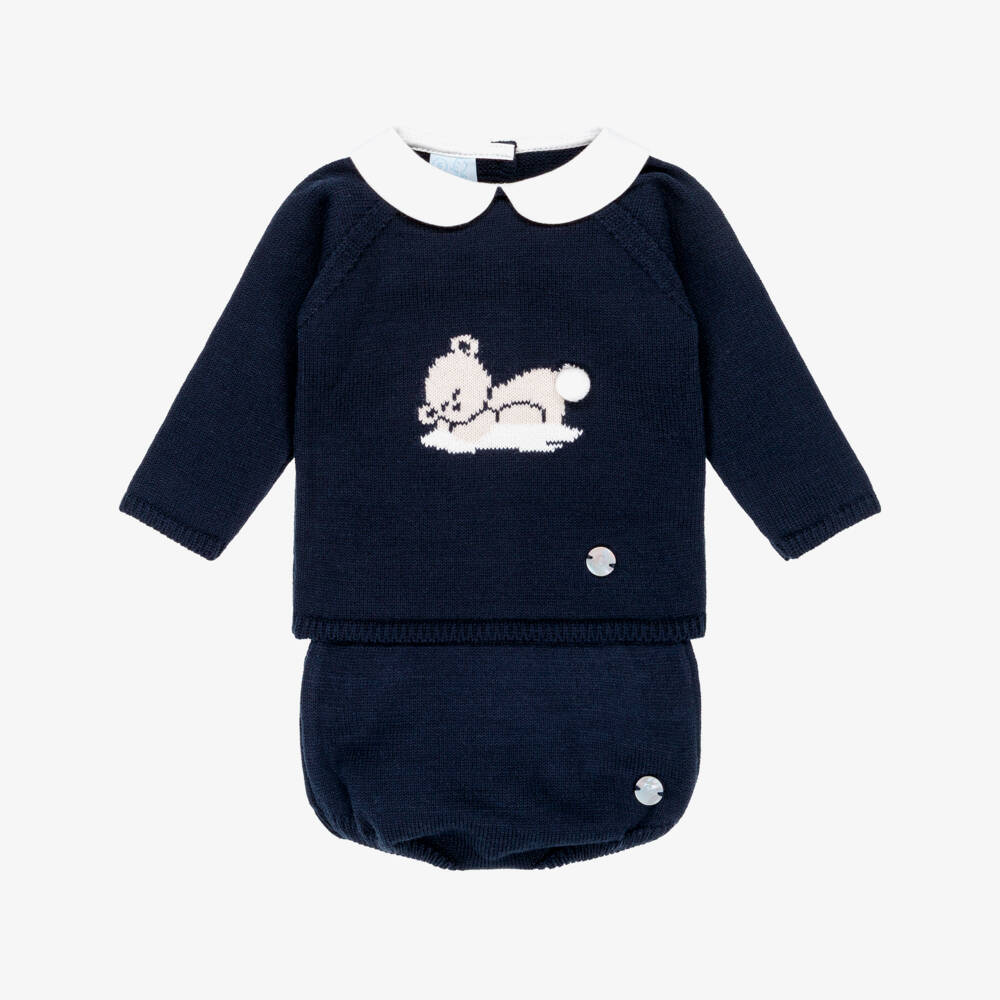 Artesanía Granlei-Boys Navy Blue Teddy Bear Knitted Shorts Set | Childrensalon Outlet