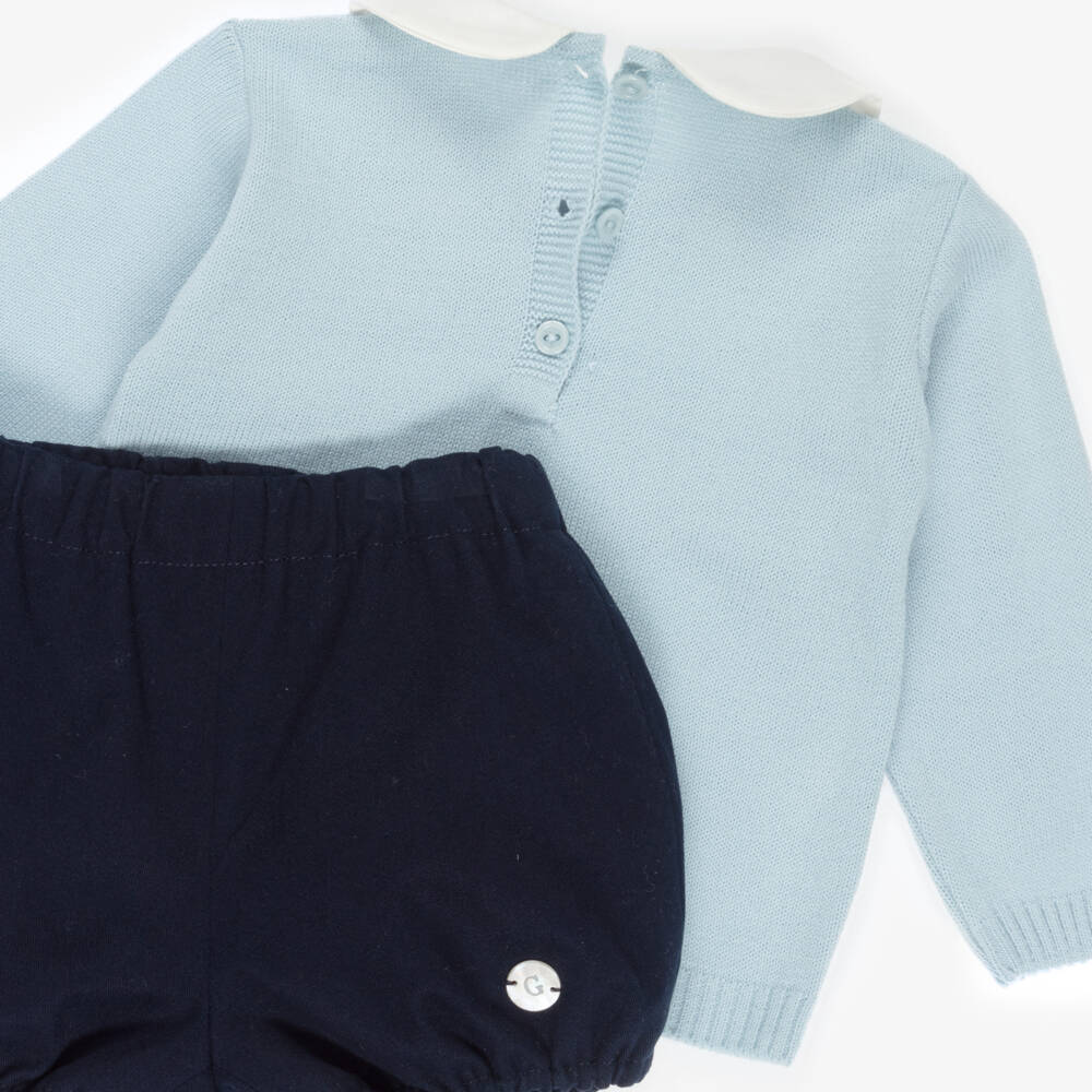 Artesanía Granlei-Boys Pale Blue Sweater & Navy Blue Cotton Shorts Set | Childrensalon Outlet