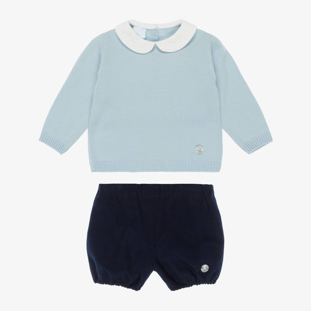 Artesanía Granlei-Boys Pale Blue Sweater & Navy Blue Cotton Shorts Set | Childrensalon Outlet