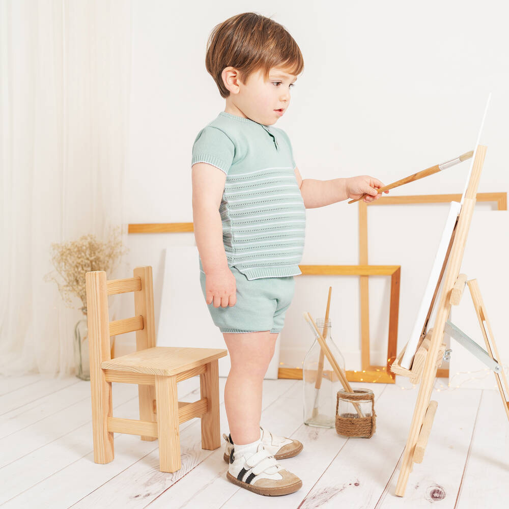 Artesanía Granlei-Boys Pale Green Striped Knitted Shorts Set | Childrensalon Outlet