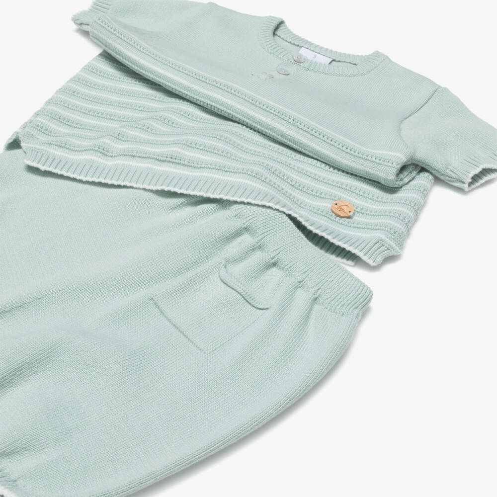Artesanía Granlei-Boys Pale Green Striped Knitted Shorts Set | Childrensalon Outlet