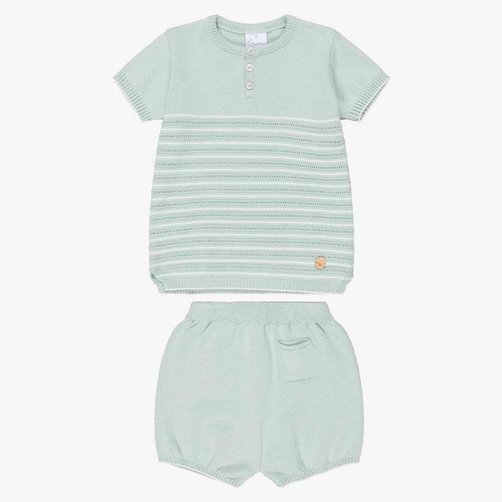 Artesanía Granlei-Boys Pale Green Striped Knitted Shorts Set | Childrensalon Outlet