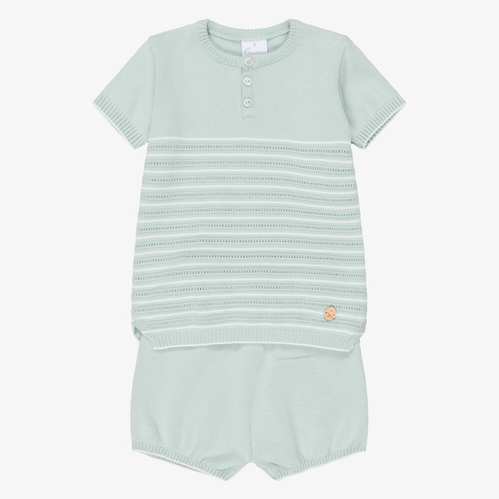 Artesanía Granlei-Boys Pale Green Striped Knitted Shorts Set | Childrensalon Outlet