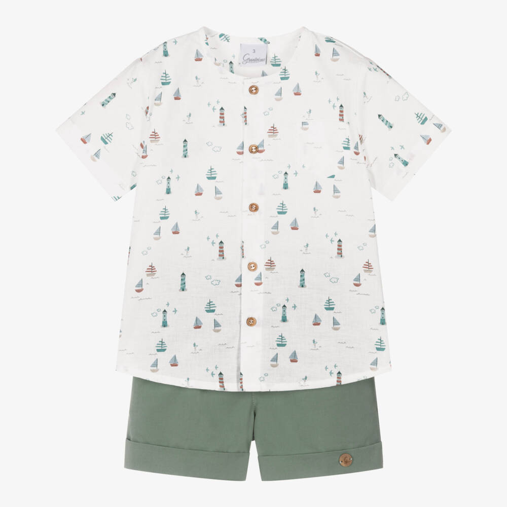 Artesanía Granlei-Boys Sage Green Cotton Shorts Set with Sail Boat Print | Childrensalon Outlet