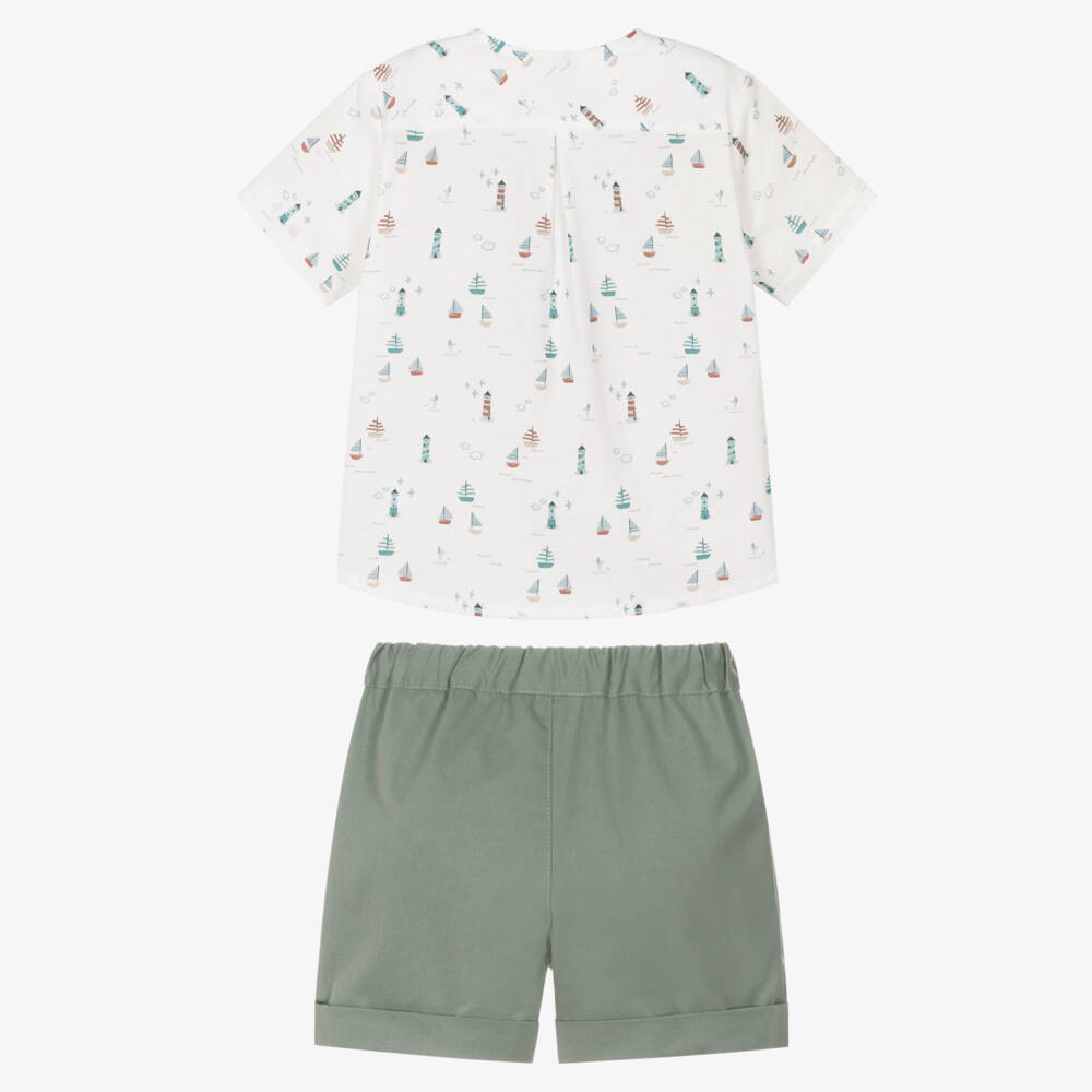 Artesanía Granlei-Boys Sage Green Cotton Shorts Set with Sail Boat Print | Childrensalon Outlet