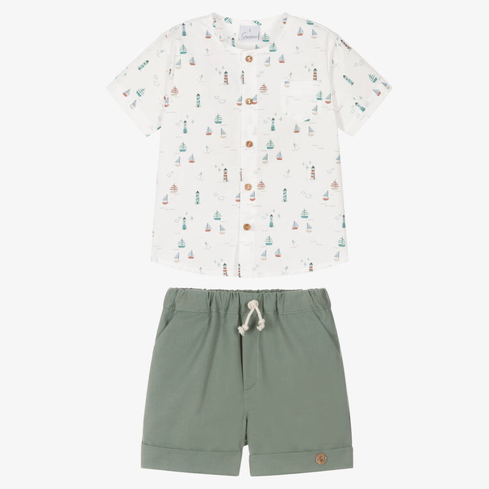 Artesanía Granlei-Boys Sage Green Cotton Shorts Set with Sail Boat Print | Childrensalon Outlet