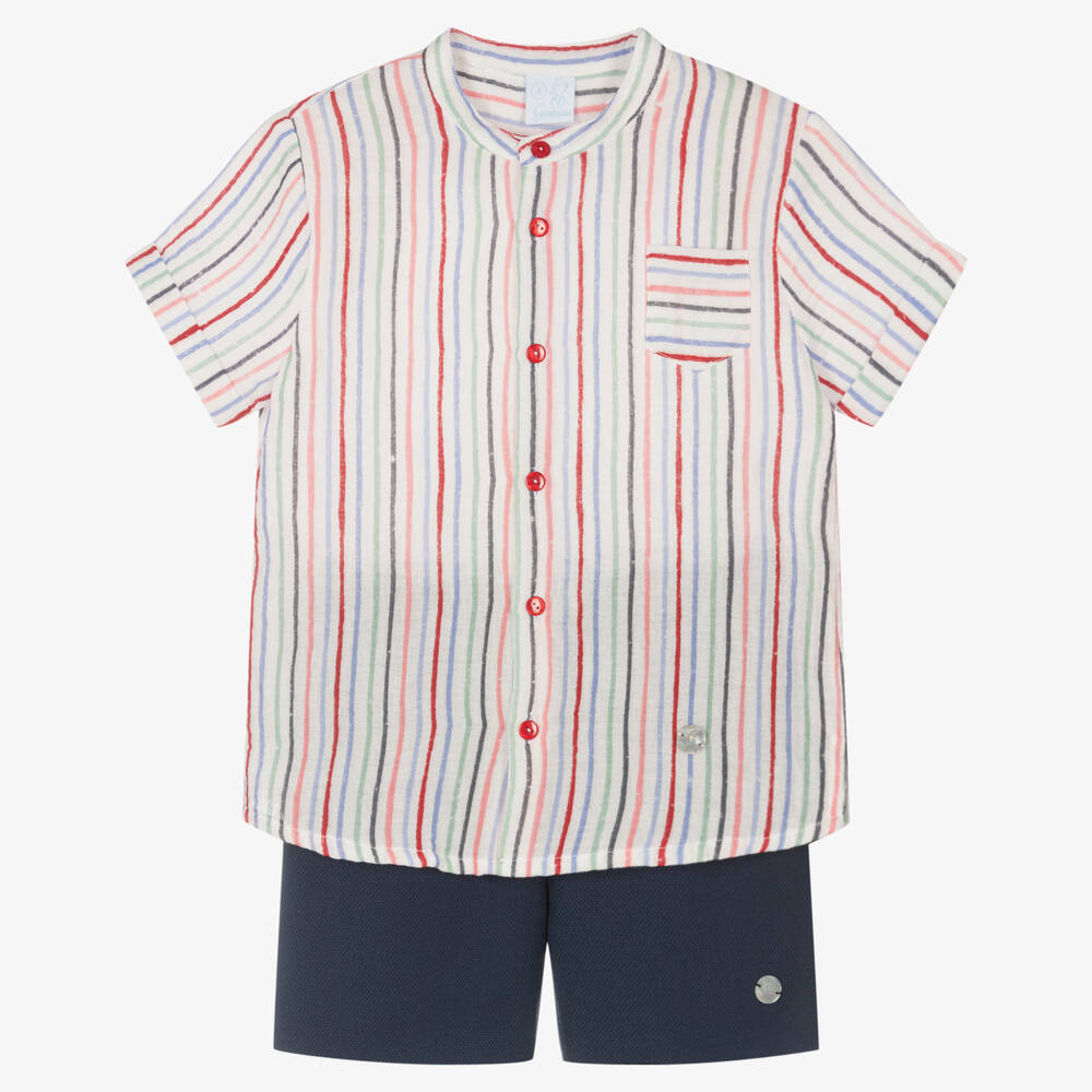 Artesanía Granlei - Boys Striped Shirt & Blue Shorts Set | Childrensalon