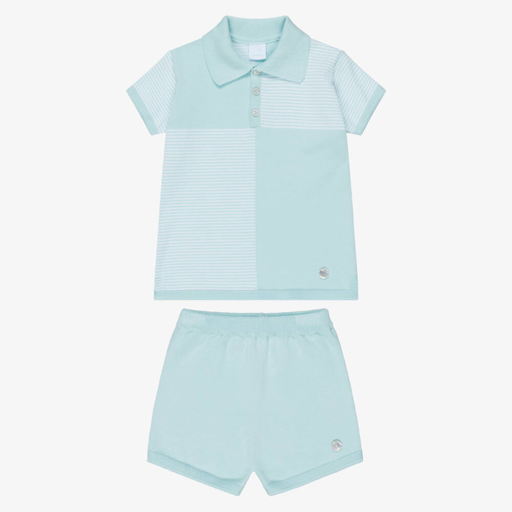 Artesanía Granlei-Boys Turquoise Blue Knitted Polo Shorts Set | Childrensalon Outlet