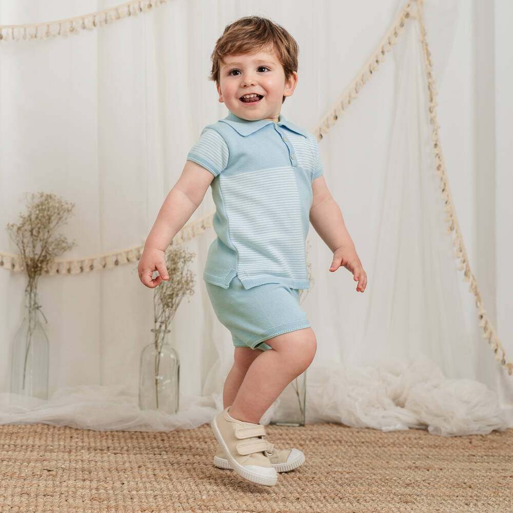 Artesanía Granlei-Boys Turquoise Blue Knitted Polo Shorts Set | Childrensalon Outlet
