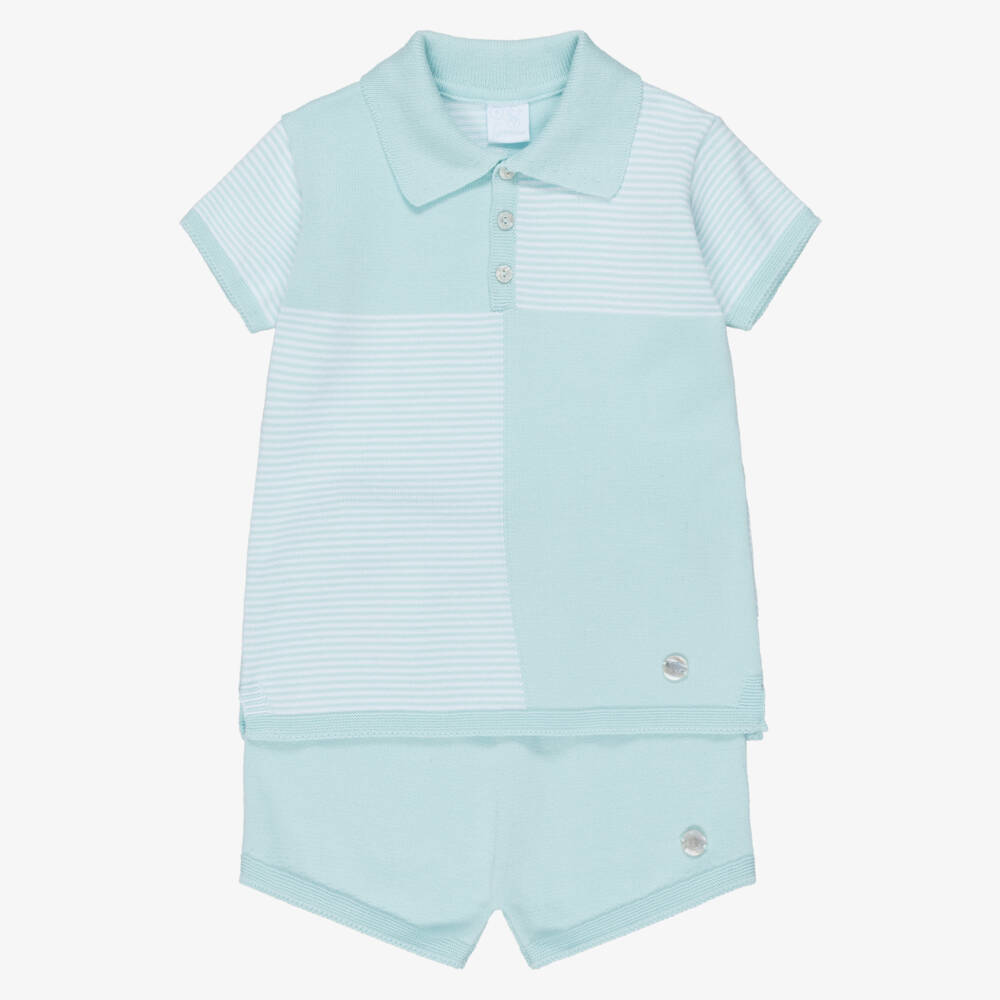 Artesanía Granlei-Boys Turquoise Blue Knitted Polo Shorts Set | Childrensalon Outlet