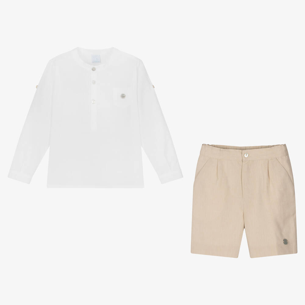 ارتيزانيا  غرانلي-طقم شورت قطن عضوي لون أبيض وبيج للأولاد | Childrensalon Outlet