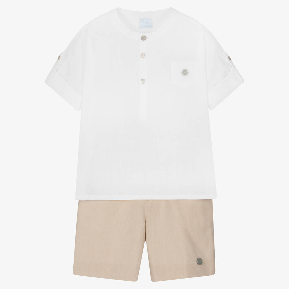 Artesanía Granlei - Boys White & Beige Cotton Shorts Set | Childrensalon