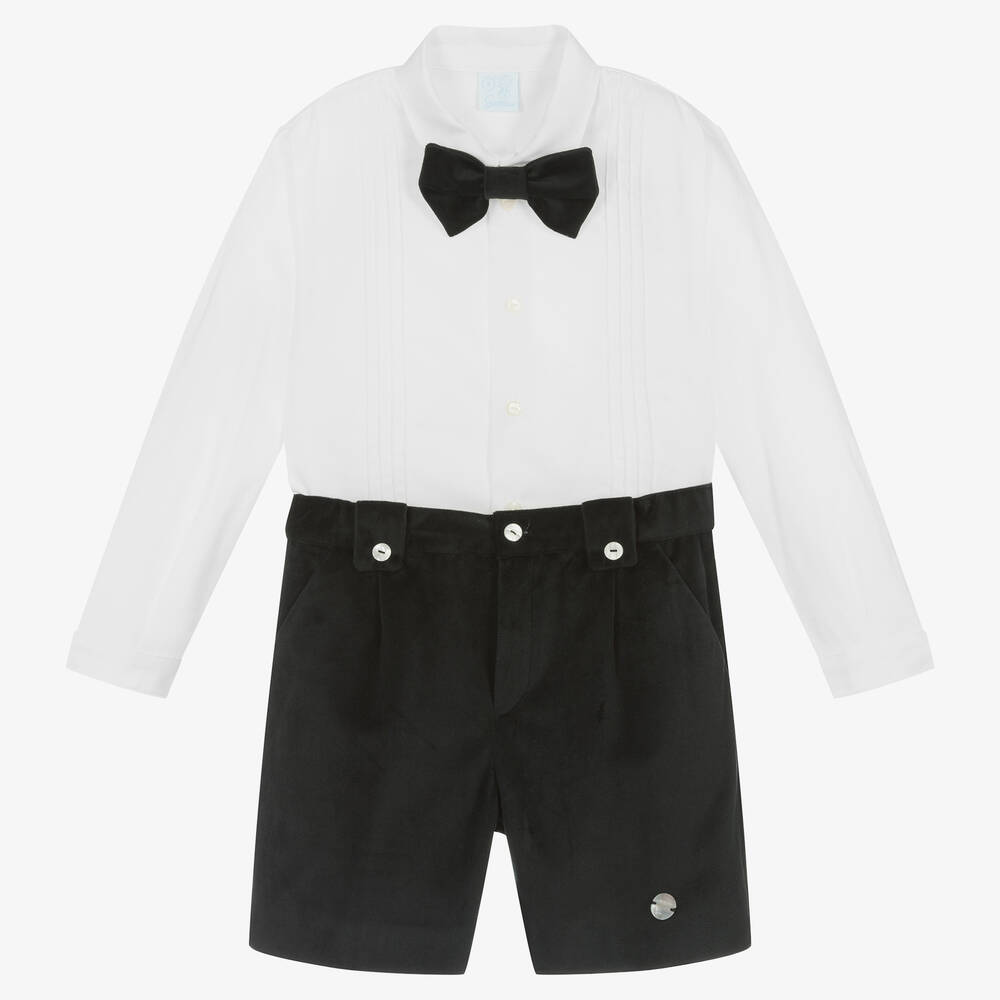 Artesanía Granlei - Boys White & Black Velvet Shorts Set | Childrensalon