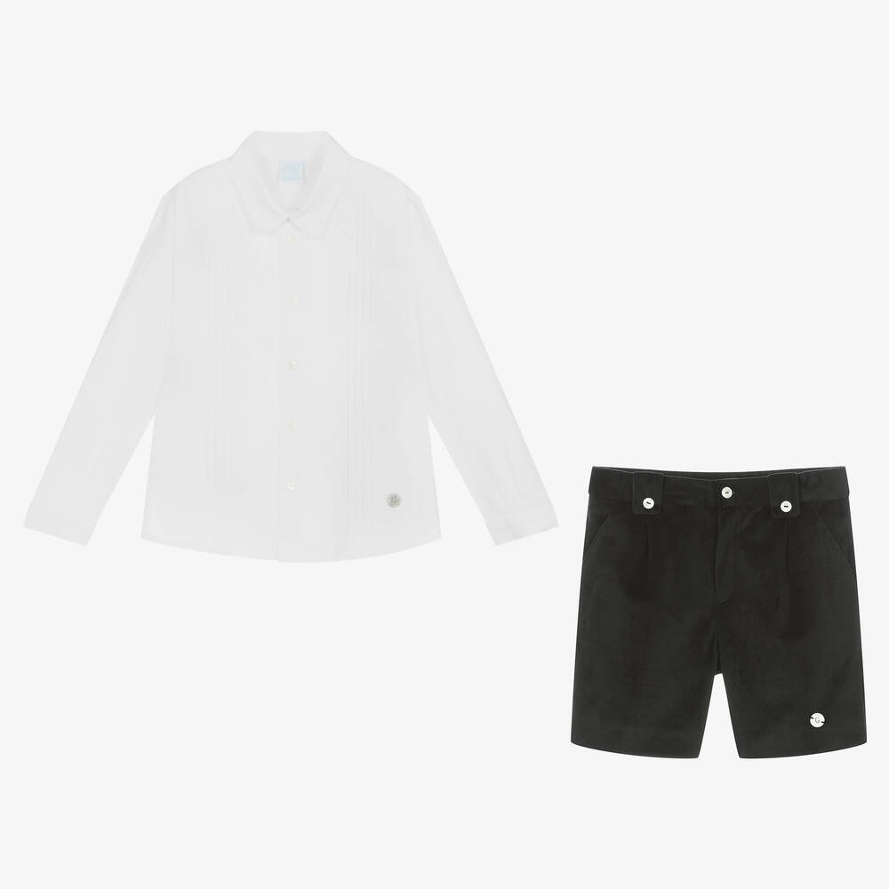 Artesanía Granlei-Boys White & Black Velvet Shorts Set | Childrensalon Outlet