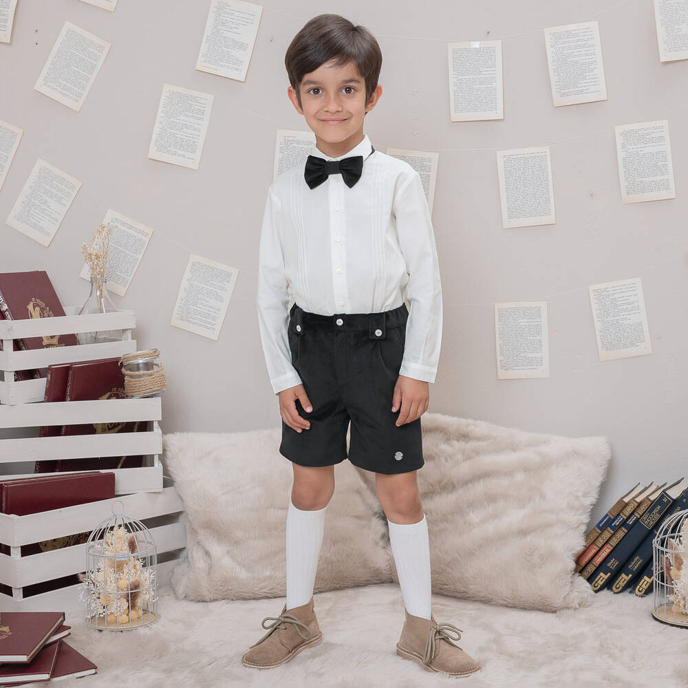 Artesanía Granlei-Boys White & Black Velvet Shorts Set | Childrensalon Outlet