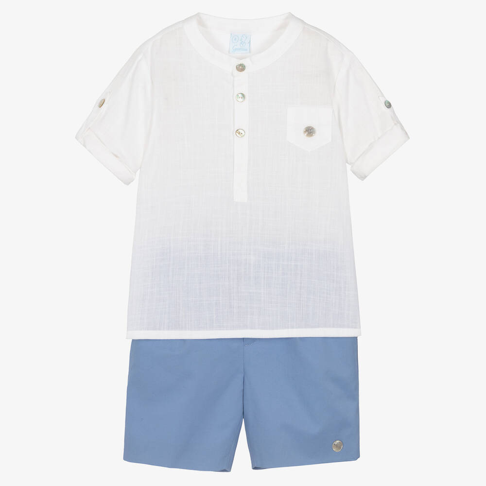 Artesanía Granlei - Boys White & Blue Cotton Shorts Set | Childrensalon