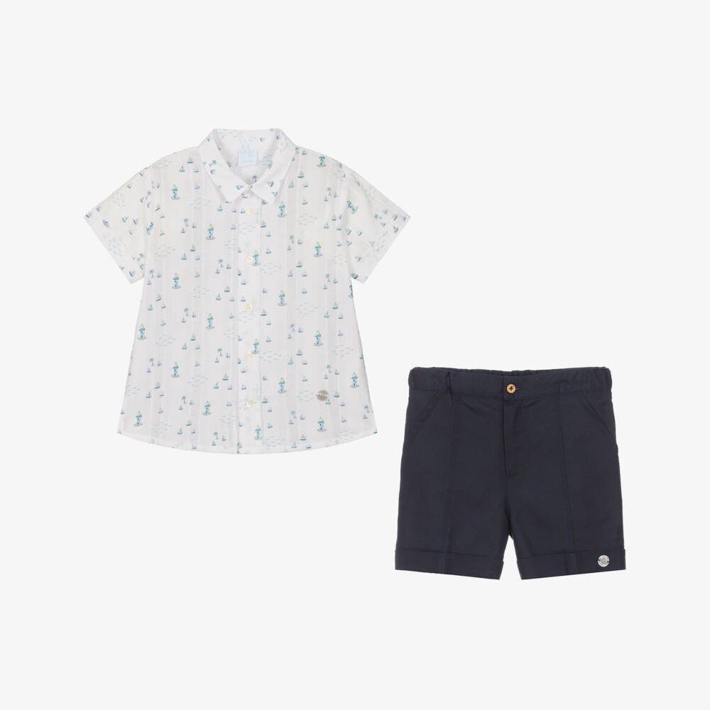 Artesanía Granlei-Boys White & Blue Cotton Shorts Set | Childrensalon Outlet