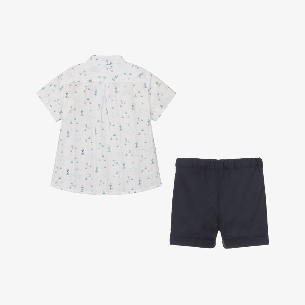 Artesanía Granlei-Boys White & Blue Cotton Shorts Set | Childrensalon Outlet