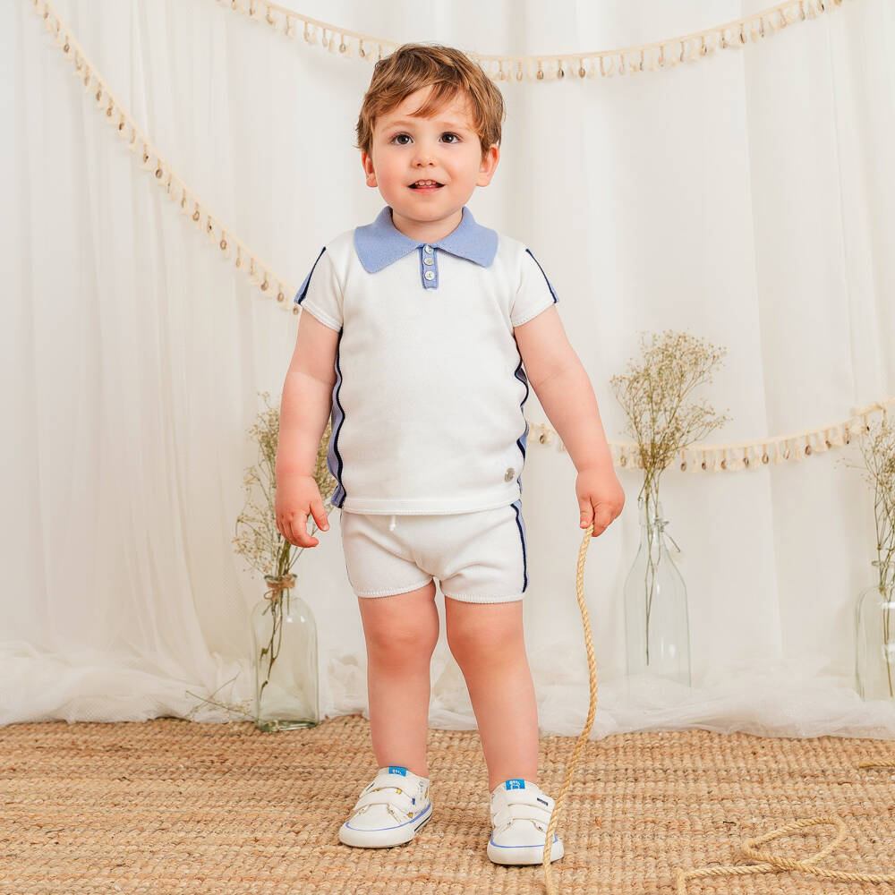 Artesanía Granlei-Boys White & Blue Knitted Shorts Set | Childrensalon Outlet
