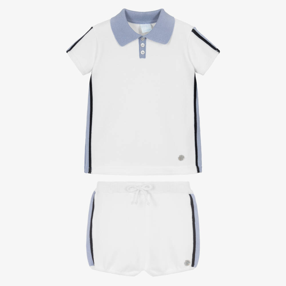 Artesanía Granlei-Boys White & Blue Knitted Shorts Set | Childrensalon Outlet